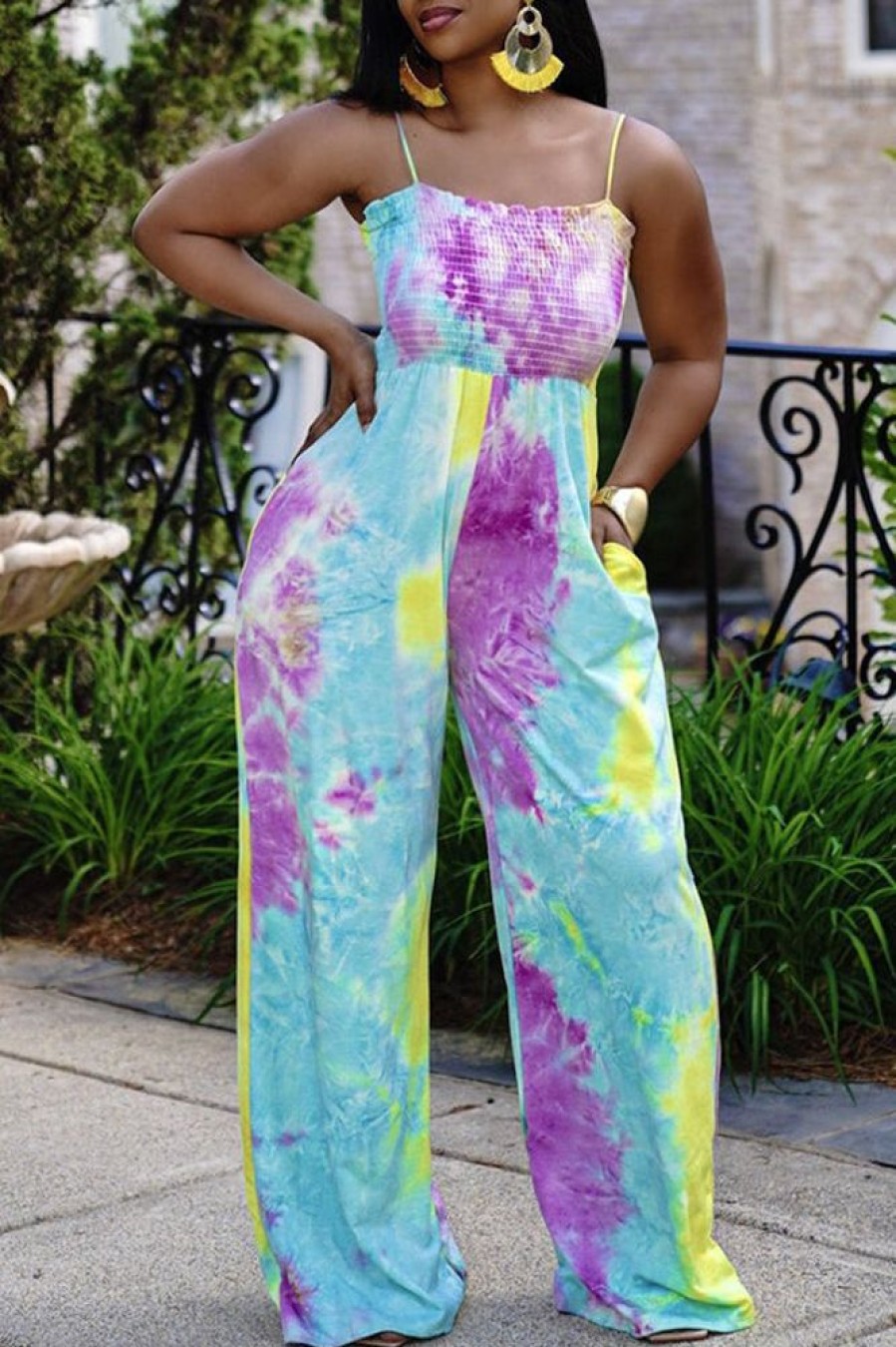 Jumpsuits & Rompers female | Casual Tie Dye Pleated Suspender Jumpsuit Multicolor