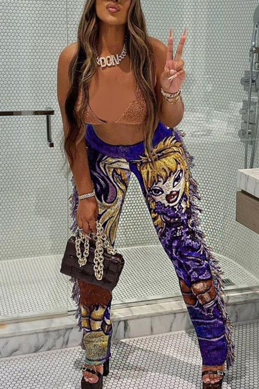 Bottoms female | Trendy Colorful Cartoon Print Fringed Tailored Pants