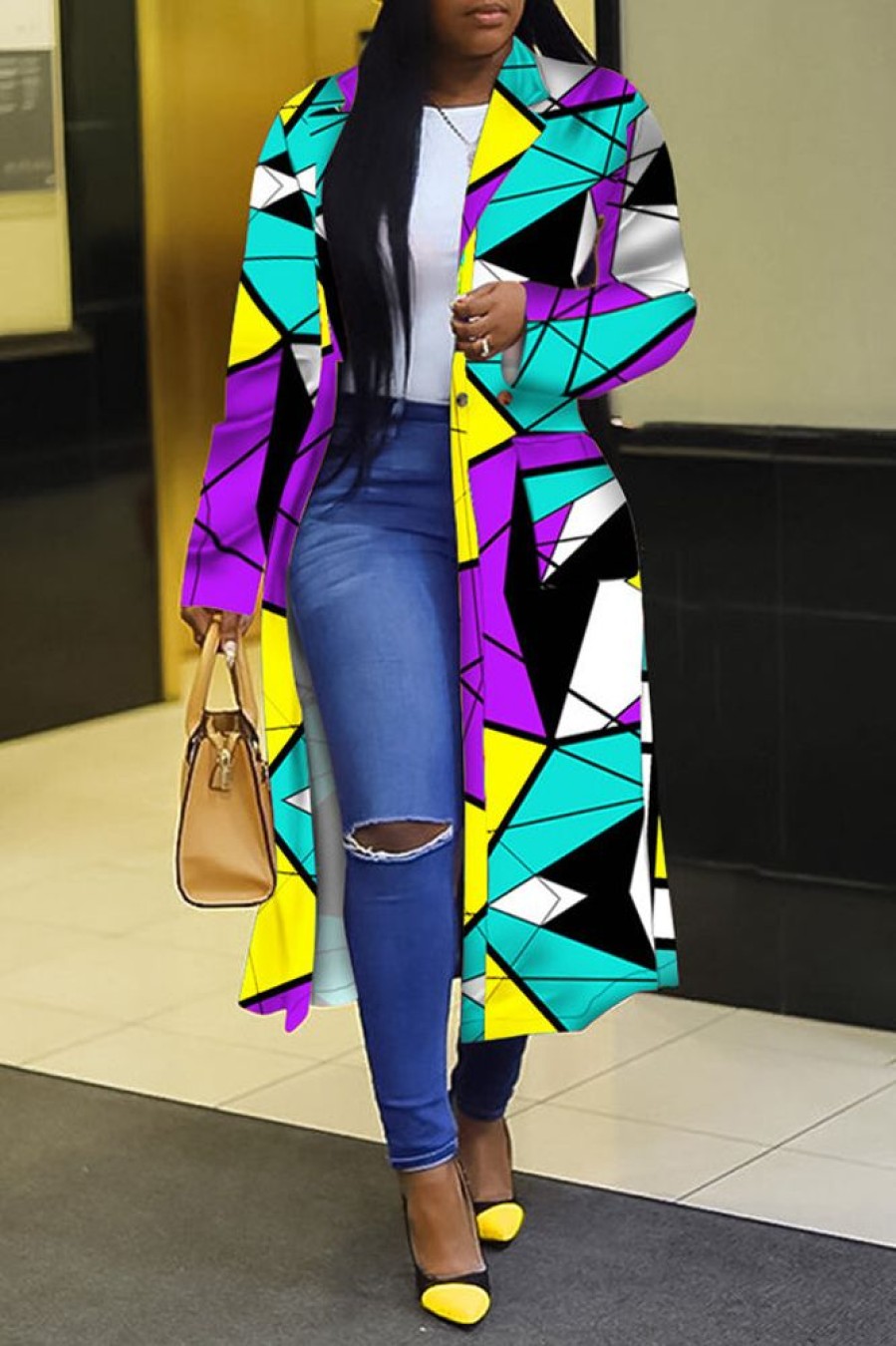 Tops & Outerwear female | Abstract Colorblock Print Double-Breasted Lapel Windbreaker Plus Size