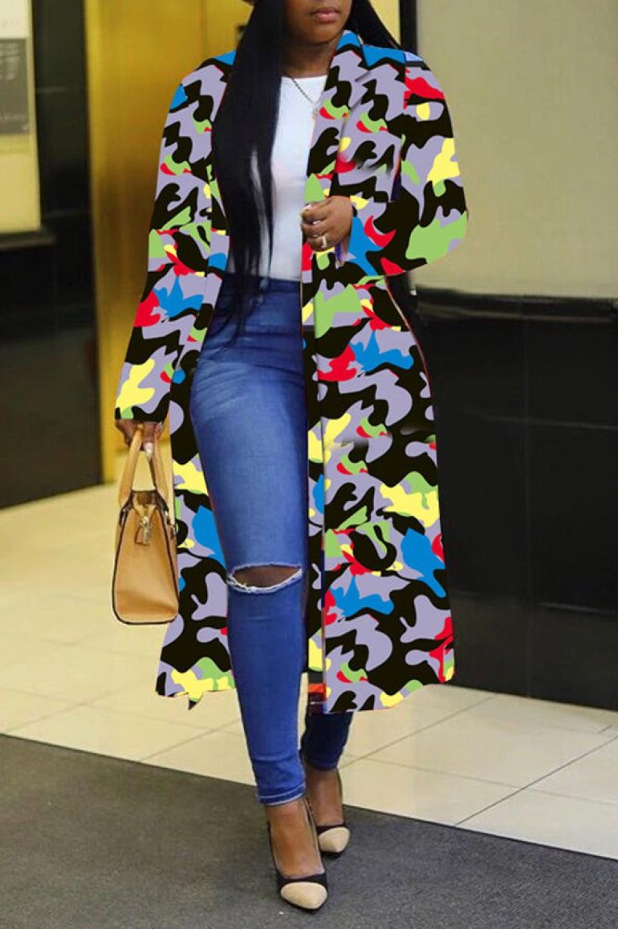 Tops & Outerwear female | Abstract Colorblock Print Double-Breasted Lapel Windbreaker Plus Size