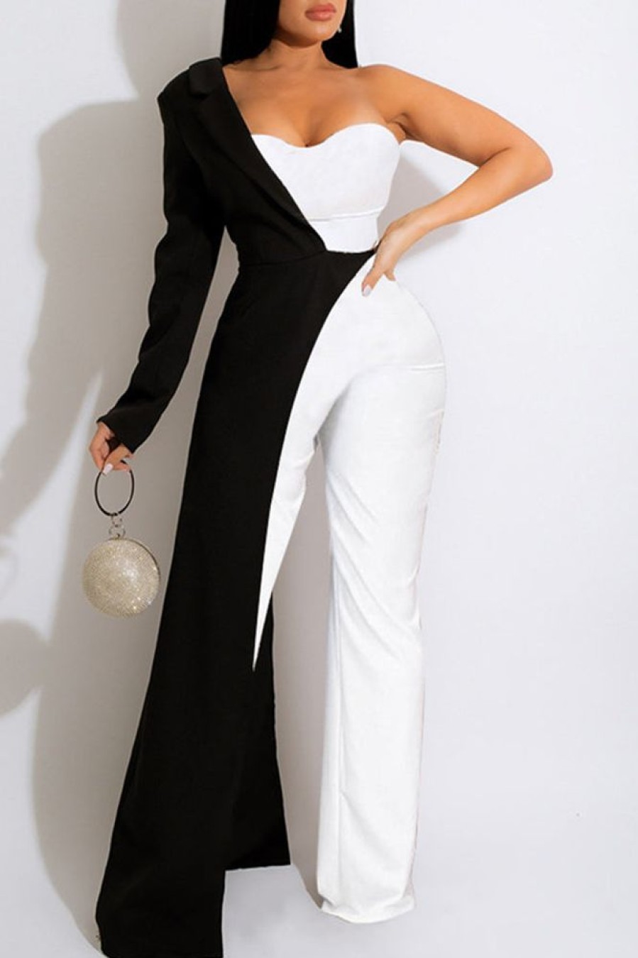 Jumpsuits & Rompers female | Fashion Contrast Color One Sleeve Bandeau Lace-Up Jumpsuit Black