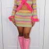 2-Pieces female | Casual Contrasting Color Knit Navel Feather Short Skirt Two-Piece Set Multicolor