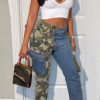 Bottoms female | Trendy Camouflage Print Panelled Irregular High Waist Pocket Jeans Blue