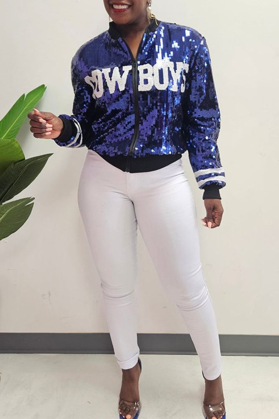 Tops & Outerwear female | Stylish Monogram Sequined Long Sleeve Baseball Jacket Navy Blue