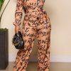 Jumpsuits & Rompers female | Stylish Single Breasted Lapel Letter Print Tie Waist Jumpsuit Khaki