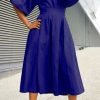 Dresses female | Elegant Half High Neck Puff Sleeve Pleated Maxi Dress Royal Blue