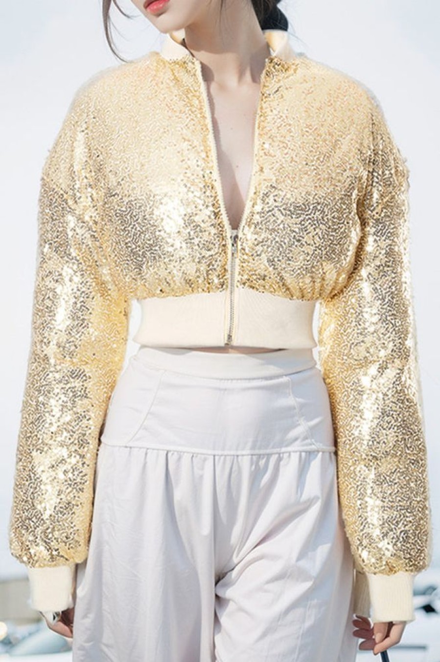 Tops & Outerwear female | Casual Short Sequined Cotton Jacket Yellow