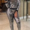 2-Pieces female | Shiny Round Neck Slim Sequin Long Sleeve Pant Suits