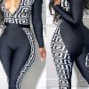 Jumpsuits & Rompers female | Fashion Explosion Sexy V-Neck Zipper Print Patchwork Bodysuit Black