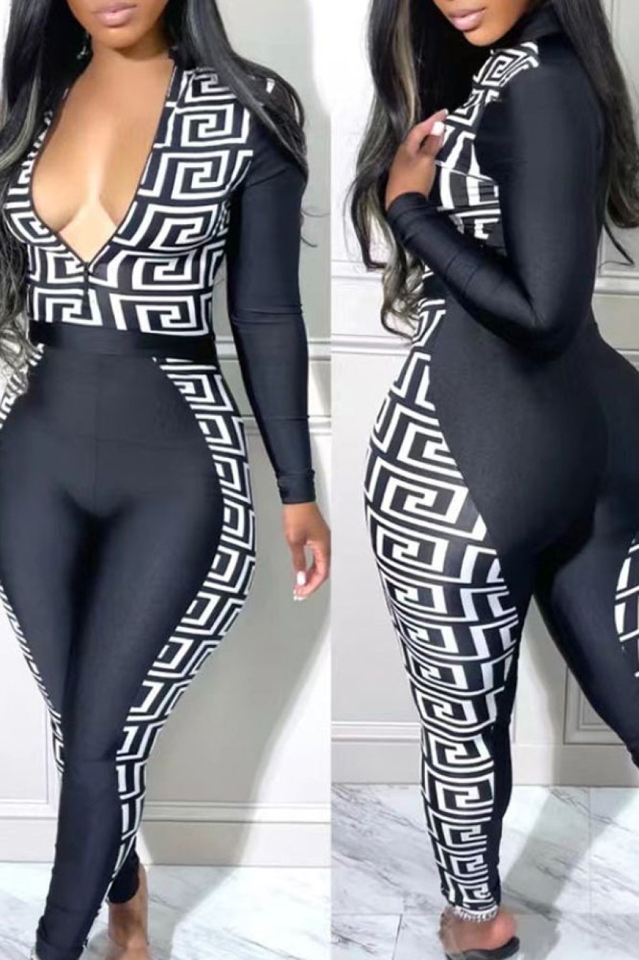 Jumpsuits & Rompers female | Fashion Explosion Sexy V-Neck Zipper Print Patchwork Bodysuit Black