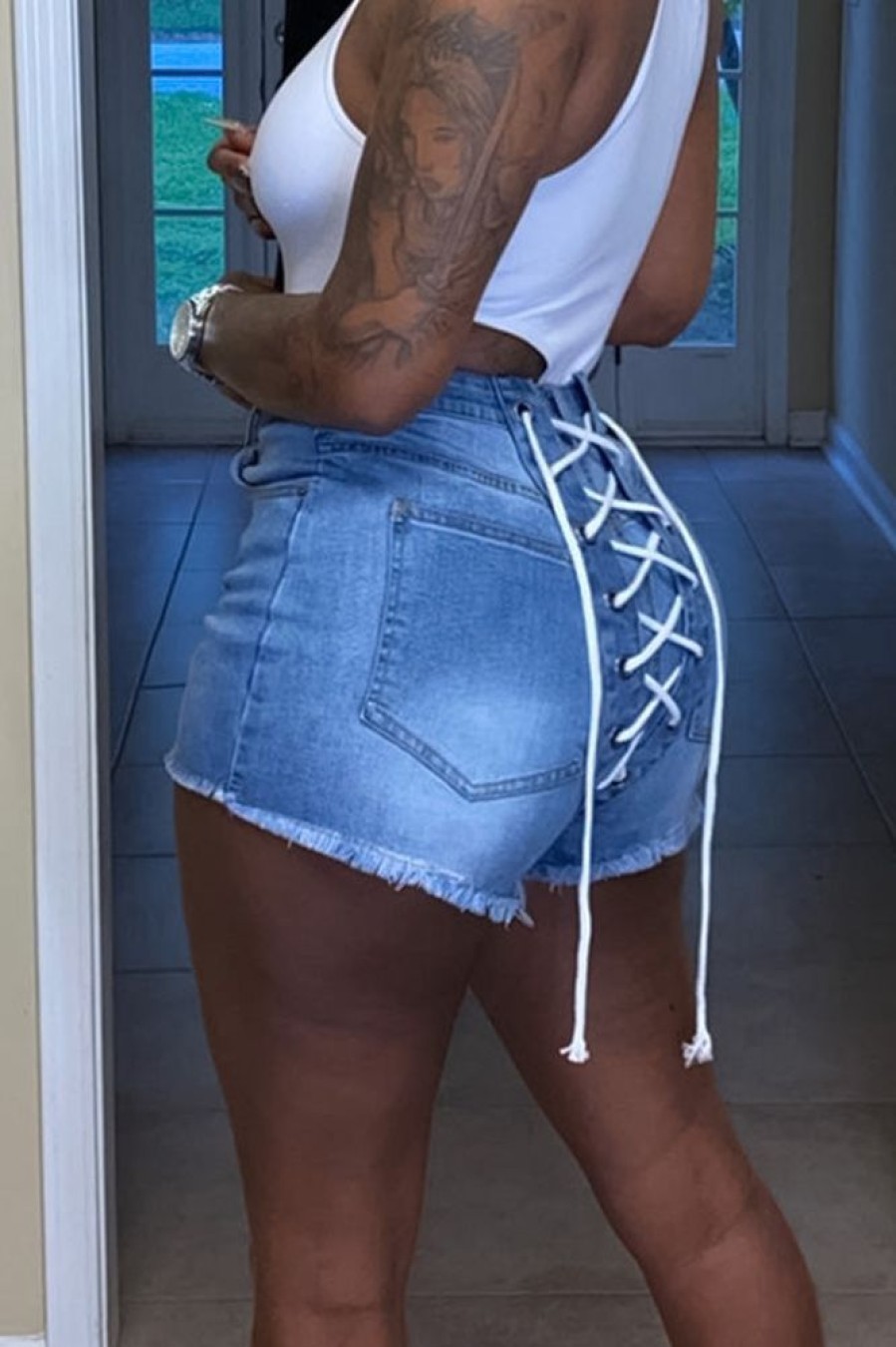 Bottoms female | Fashion Interspersed Lace-Up High-Waist Denim Shorts Wathet Blue