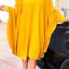 Dresses female | Plus Size Comfortable Loose Bat Long Sleeve Midi Dress Yellow