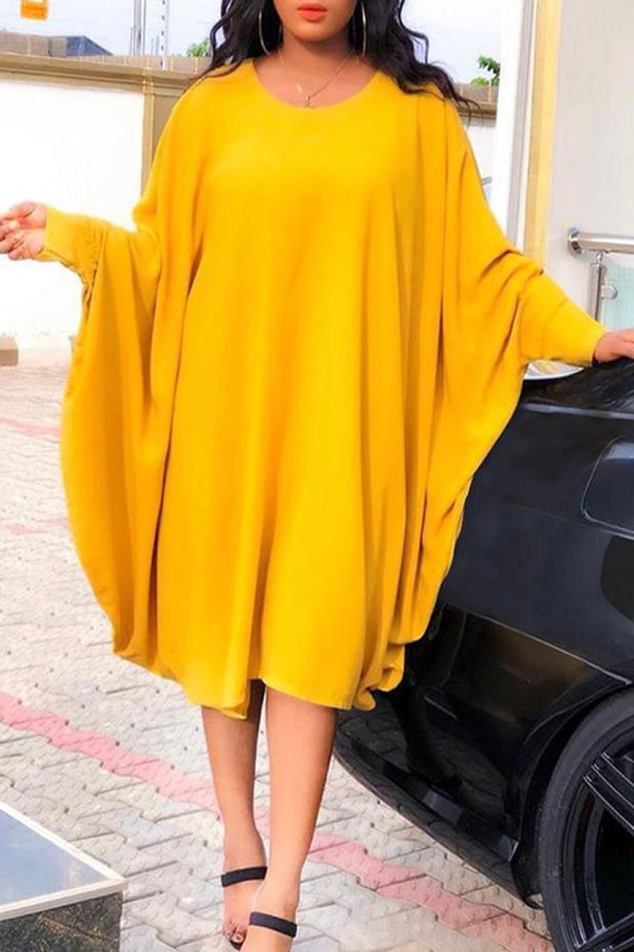 Dresses female | Plus Size Comfortable Loose Bat Long Sleeve Midi Dress Yellow