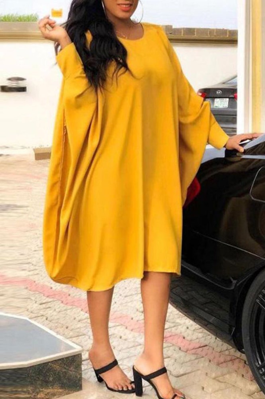 Dresses female | Plus Size Comfortable Loose Bat Long Sleeve Midi Dress Yellow