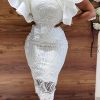 Dresses female | Elegant Ruffle Sleeve Oblique Collar Plus Size Midi Dress White