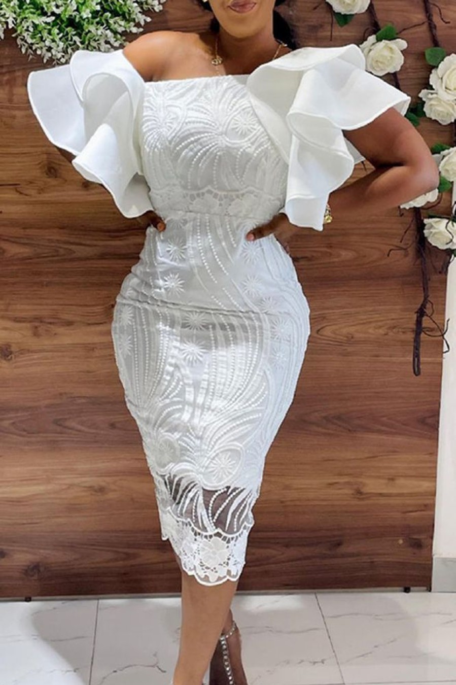 Dresses female | Elegant Ruffle Sleeve Oblique Collar Plus Size Midi Dress White