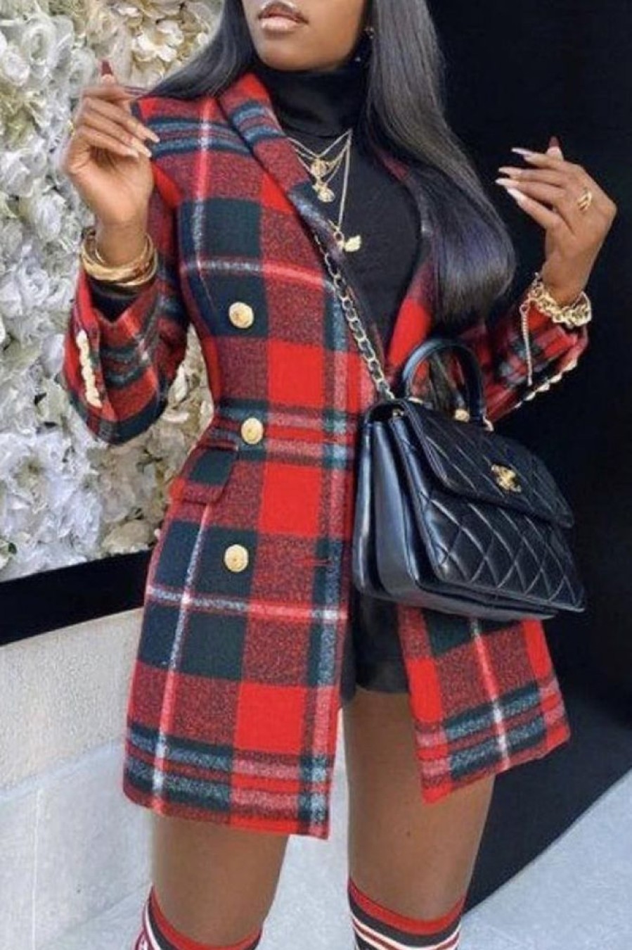 Tops & Outerwear female | Fashion Plaid Lapel Slim-Fit Double Breasted Blazer Red