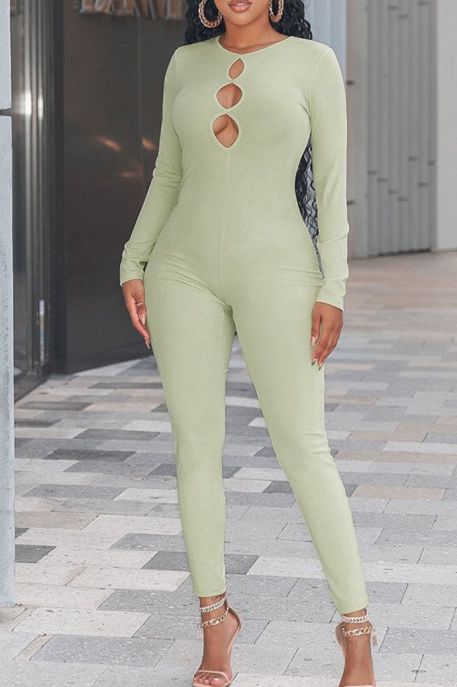 Jumpsuits & Rompers female | Fashion Casual Solid Color Cutout Slim Fit Long Sleeve Jumpsuit