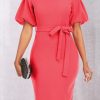 Dresses female | Commuter Solid Color Puff Sleeve Slim Fit Lace-Up Midi Dress Pink