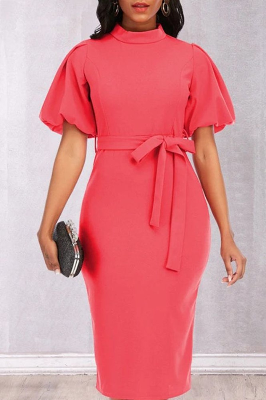 Dresses female | Commuter Solid Color Puff Sleeve Slim Fit Lace-Up Midi Dress Pink