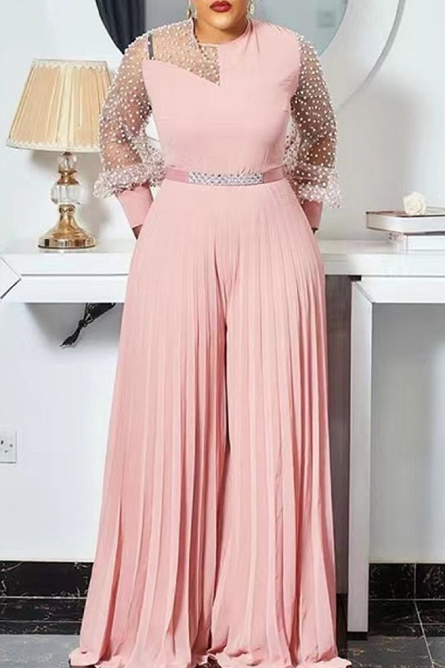 Jumpsuits & Rompers female | Fashion Waist Beaded Long Sleeved Pleated Jumpsuit(Without Belt) Pink