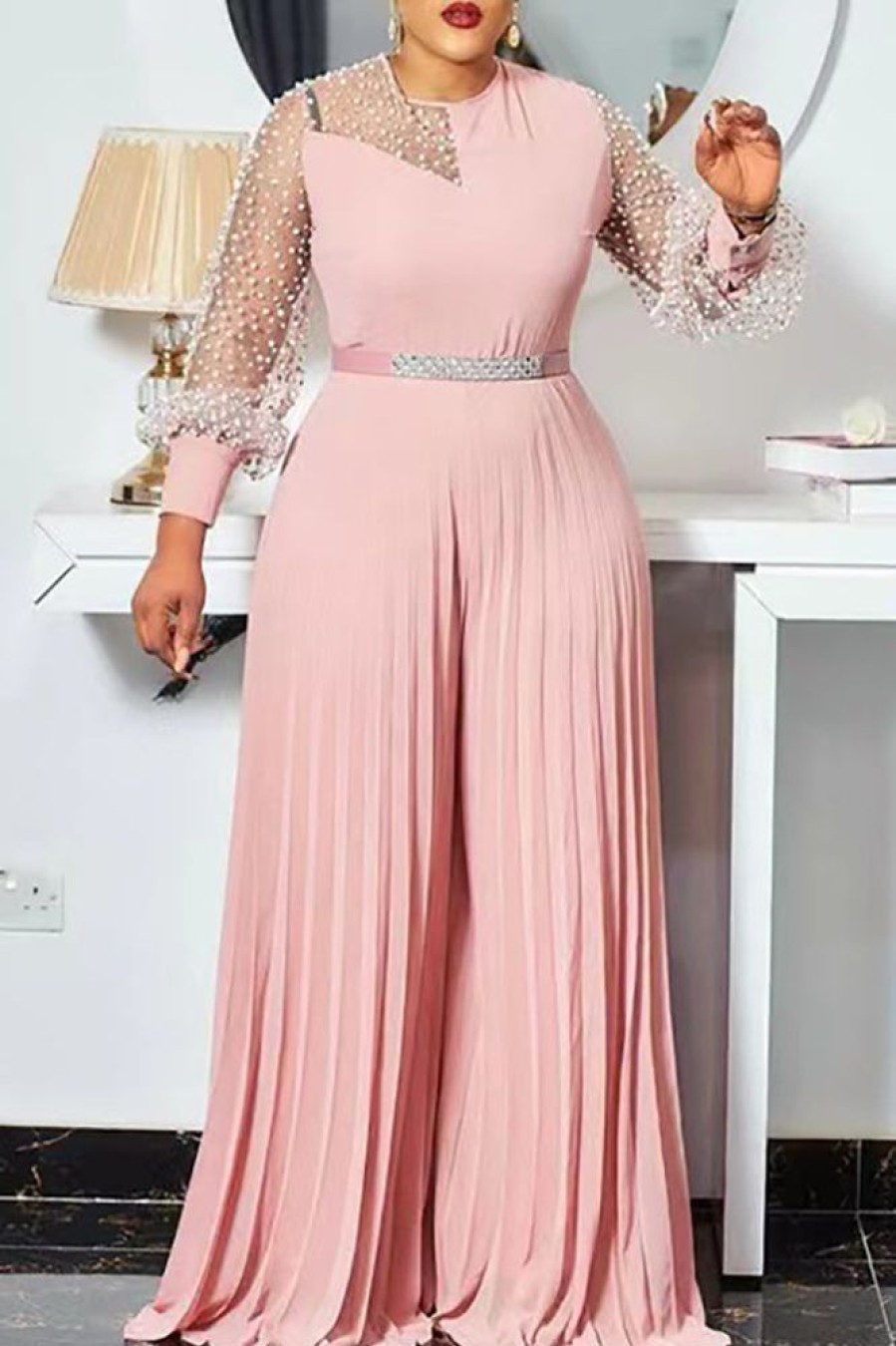 Jumpsuits & Rompers female | Fashion Waist Beaded Long Sleeved Pleated Jumpsuit(Without Belt) Pink