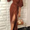 Dresses female | Sexy Sequined V-Neck Slim Slit Pleated Sleeve Maxi Dress