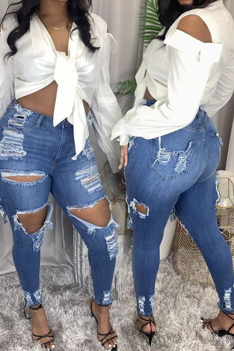 Bottoms female | Trendy Holes Frayed Stretch Slim Fit Jeans