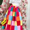 Bottoms female | Temperament Colorblock Rainbow Plaid Long Skirt Multicolor