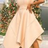 Dresses female | Elegant Solid Color Short Sleeve Irregular A-Line Midi Dress Apricot