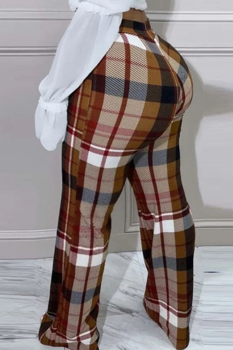 Bottoms female | Plus Size Plaid Casual Pants Brown