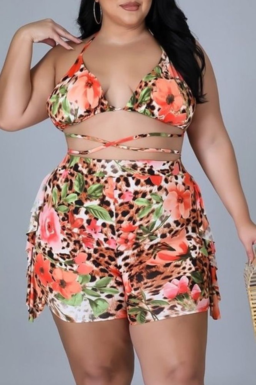 Swimwear female | Fashion Print Beach Ruffle Shorts Lace-Up Two-Piece Bikini Orange