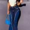 Bottoms female | Fashion Denim Stitching Flared Jeans Blue