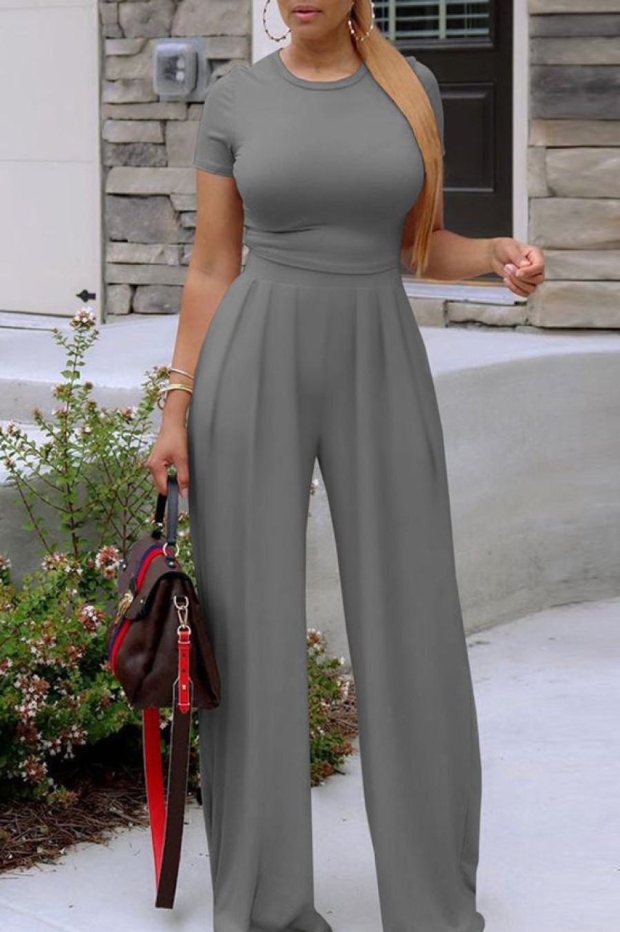 2-Pieces female | Fashion Loose Solid Color Short Sleeve Wide Leg Pants Set