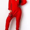 Jumpsuits & Rompers female | Fashion Casual Loose Solid Color V-Neck Jumpsuit Red