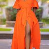 Dresses female | Elegant Off Shoulder Waist Belt Slit Maxi Dress Orange