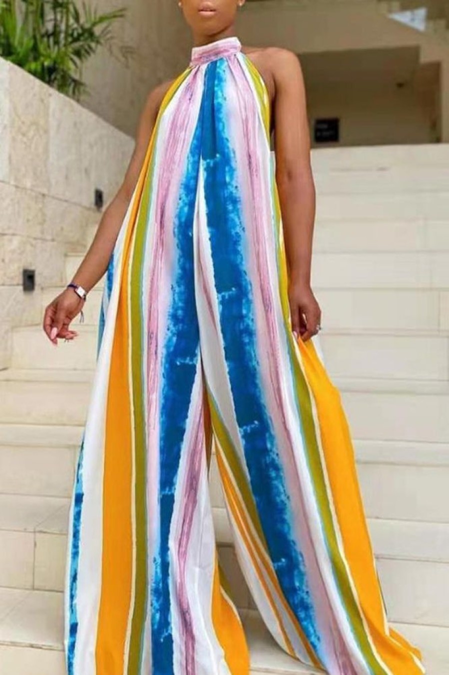 Jumpsuits & Rompers female | Casual Loose Colorful Striped Halter Jumpsuit Multicolor