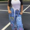 Bottoms female | Casual Fashion Heart Print Jeans Blue