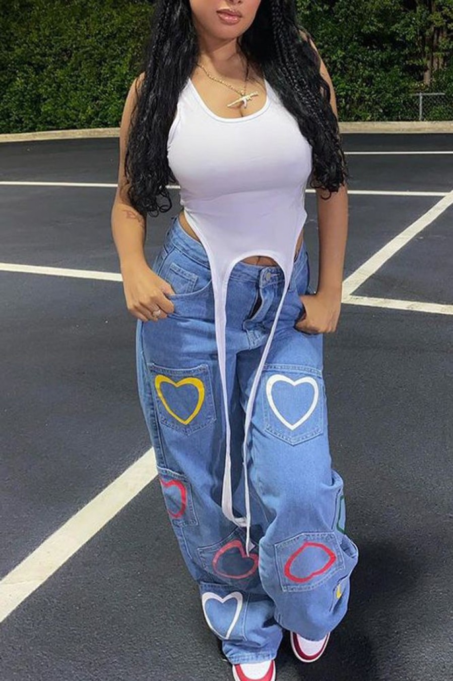 Bottoms female | Casual Fashion Heart Print Jeans Blue