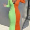 Dresses female | V-Neck Long Sleeve Colorblock Plus Size Maxi Dress