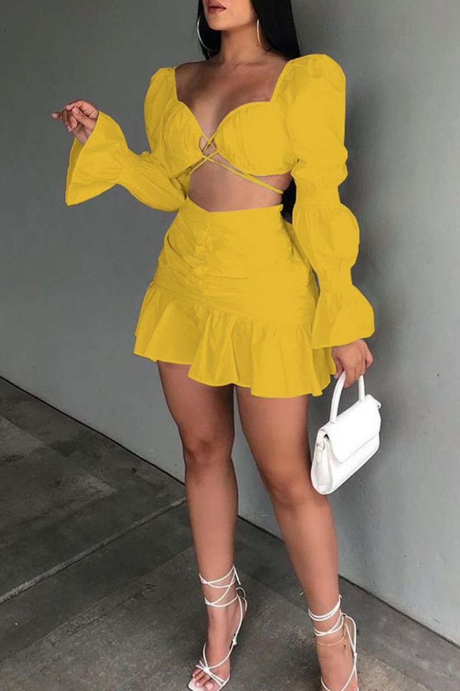 2-Pieces female | Sweet V-Neck Puff Sleeve Top Ruffle Skirt Two-Piece Set