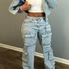 Bottoms female | Casual Stretch Multi-Pocket Straight-Leg Jeans Wathet Blue