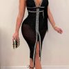 Dresses female | Fashion Sexy Backless Halter Mesh Diamond Midi Dress