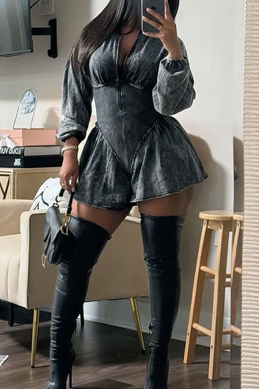 Jumpsuits & Rompers female | Zipper Distressed Pleated Long Sleeve Romper Dark Grey