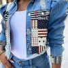 Tops & Outerwear female | Printed Patchwork Fashion Short Female Slim Denim Jacket Blue