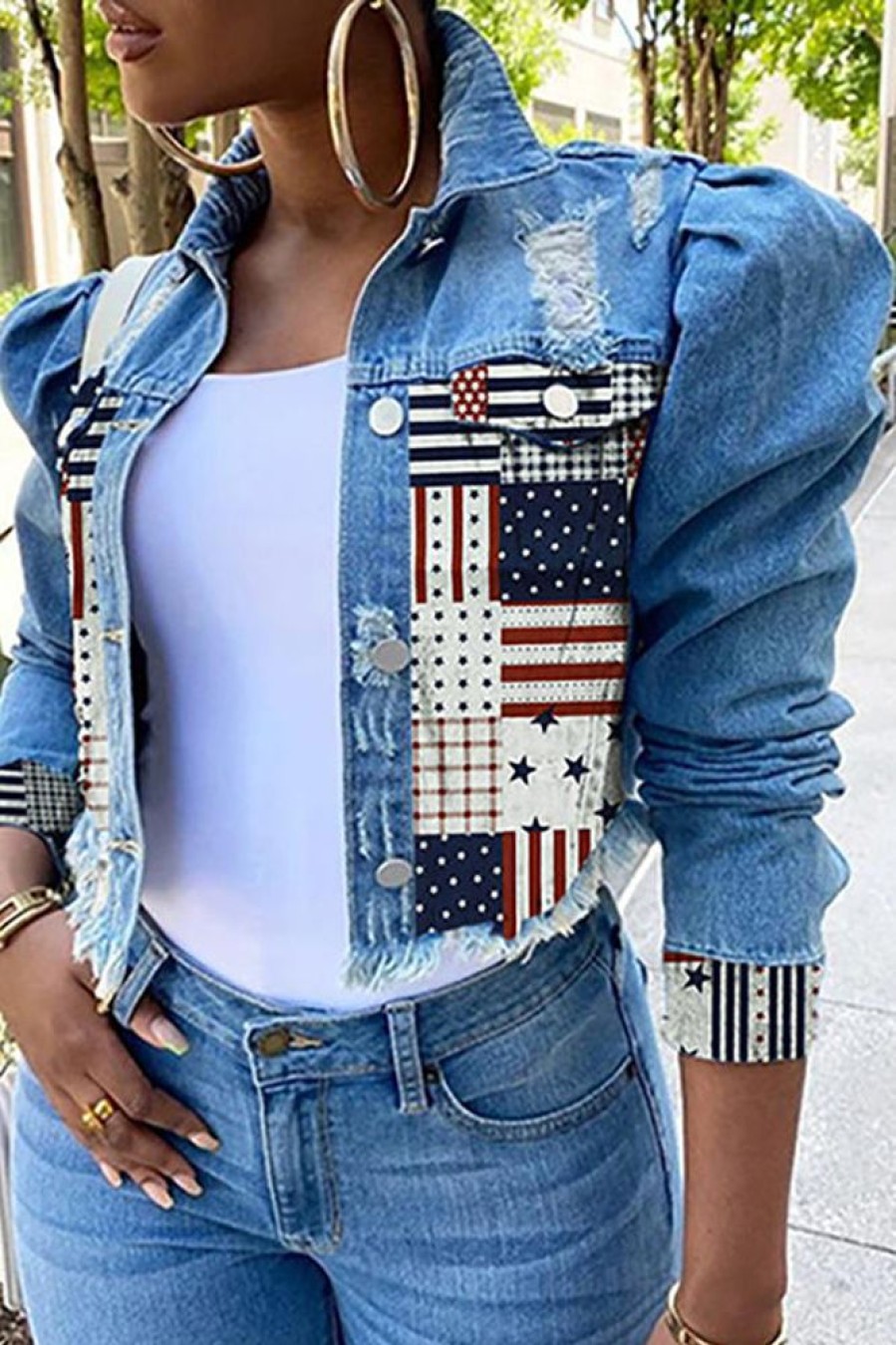 Tops & Outerwear female | Printed Patchwork Fashion Short Female Slim Denim Jacket Blue