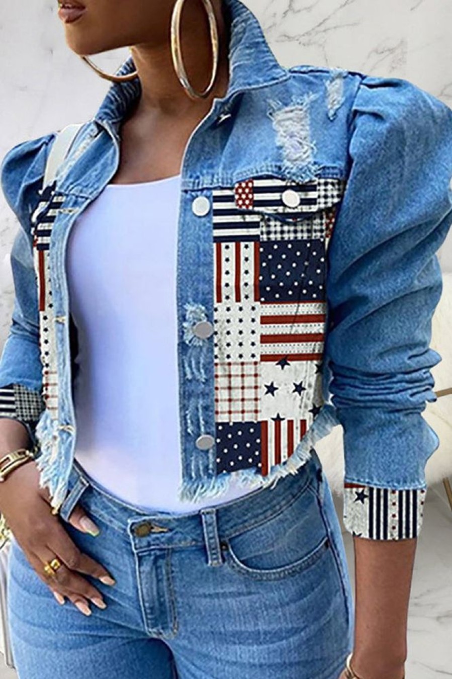 Tops & Outerwear female | Printed Patchwork Fashion Short Female Slim Denim Jacket Blue