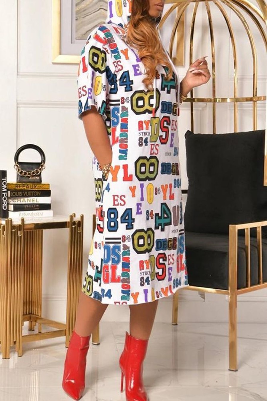 Dresses female | Fashion Hooded Letter Printed Midi Dress White