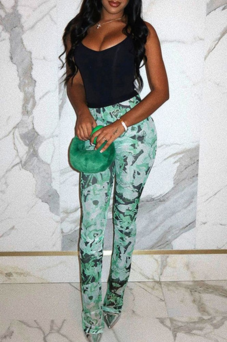 Bottoms female | Trendy Mesh Printed High Waist Tight Pants Green