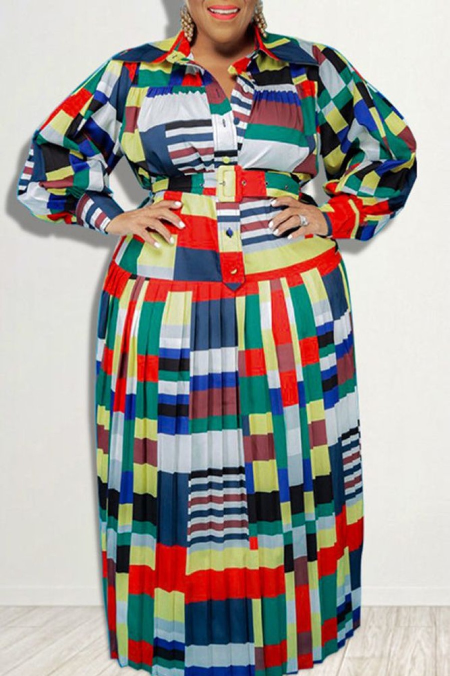 Dresses female | Block Print Belt Plus Size Pleated Maxi Dress Multicolor